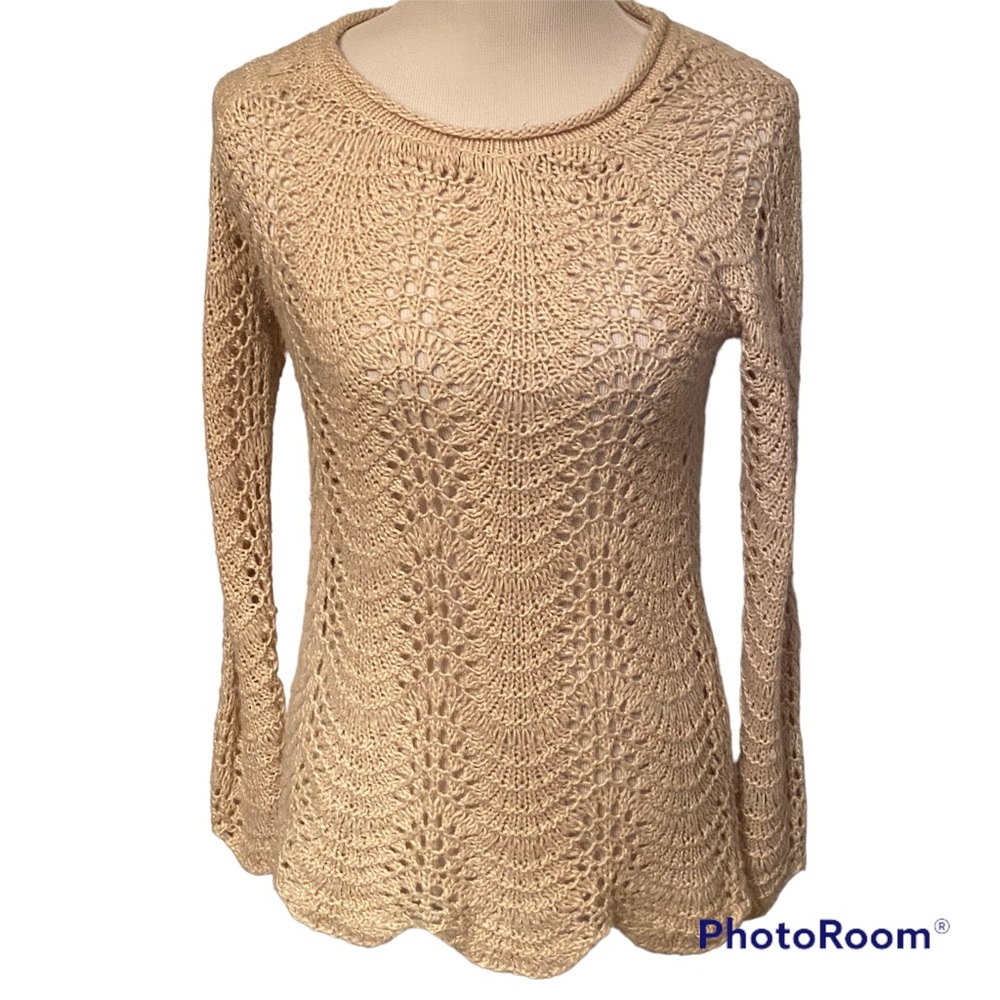 MYSTREE SWEATER CREWNECK ROLLED CREAM OPEN KNIT SCALLOP EDGES SIZE S